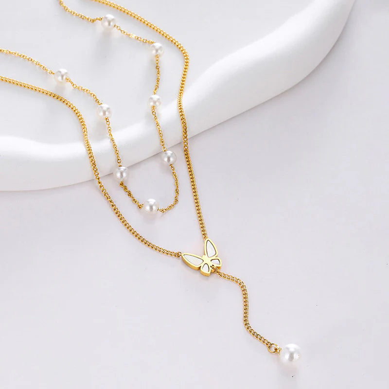 Truetarnish Butterfly Pearl Layer Necklace