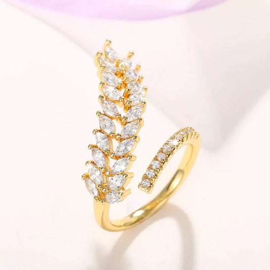 Diamond leaf Gold plated finger ring - Adjustable