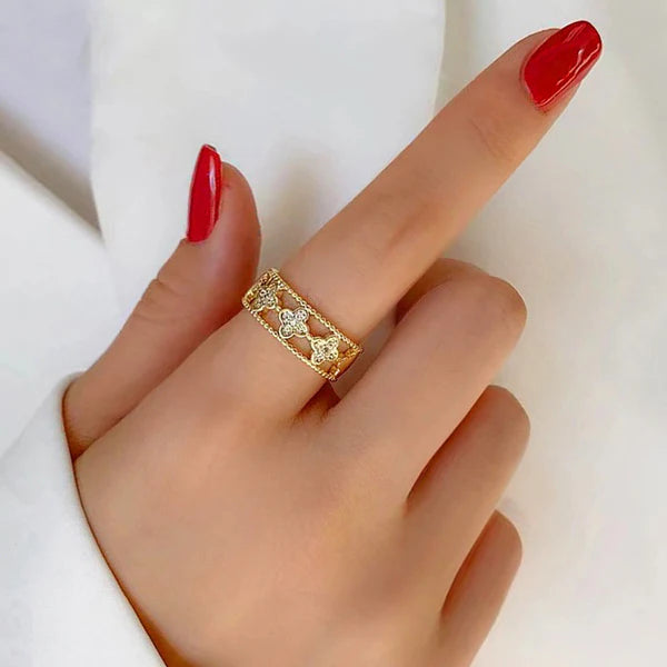 Diamond 4 leaf Gold plated New finger ring - Adjustable
