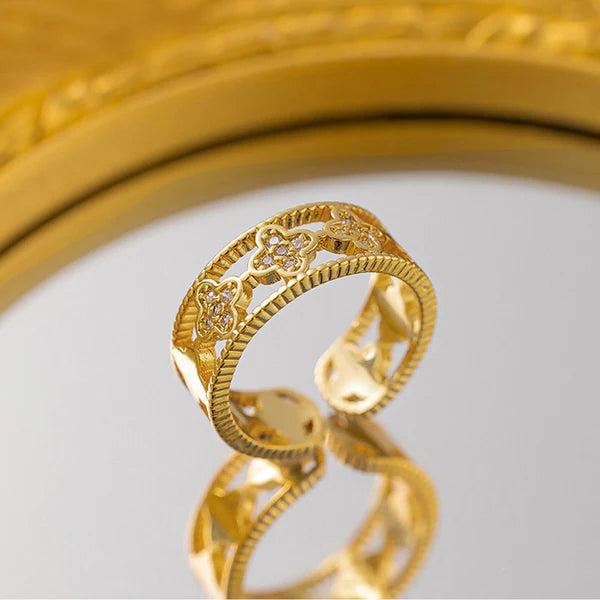 Diamond 4 leaf Gold plated New finger ring - Adjustable