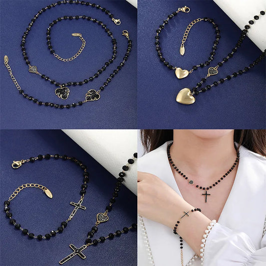 Indian Black Leaf Shape 304 Stainless Steel Beaded 18K Gold Plated Women's Bracelets Necklace Set