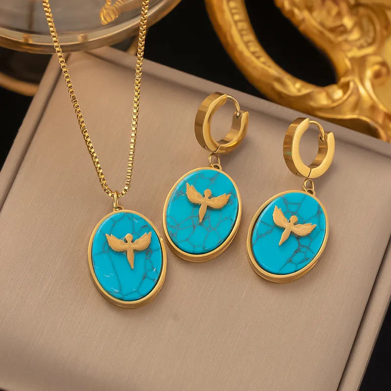 Truetarnish Blue Pendant with Bird Necklace Set