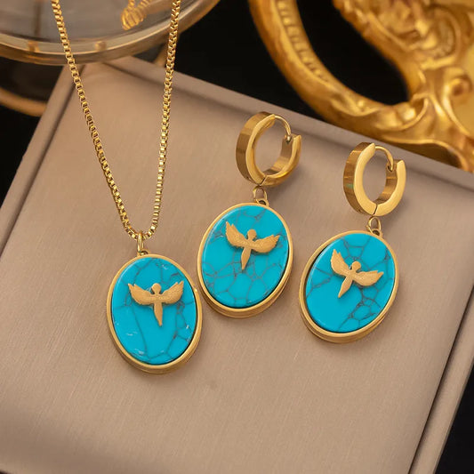 Truetarnish Blue Pendant with Bird Necklace Set