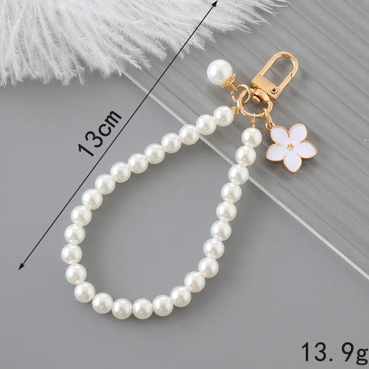 Sweet Flower Bow Knot Beaded Imitation Pearl Glass Beaded Bag Pendant Mobile Phone Keychain