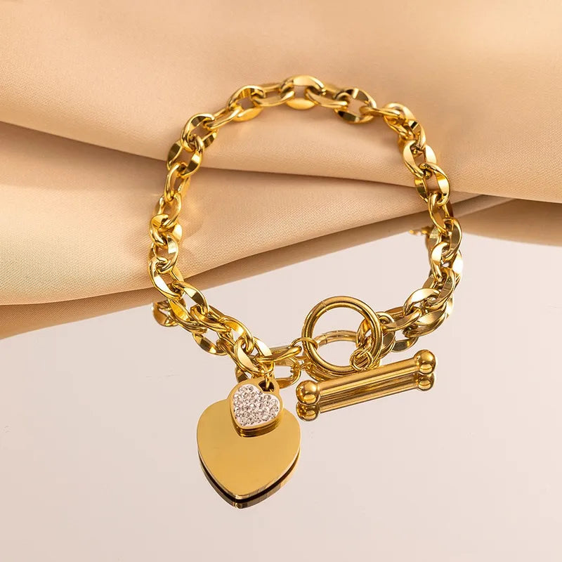New with Charm Style Heart Shape 304 Stainless Steel 18K Gold Plated Art-Rhinestones Regular Chain Bracelets