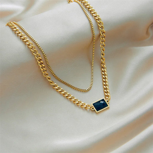 18K Gold Plated street Style Gold Plated Square Glass Layered Necklaces - Black