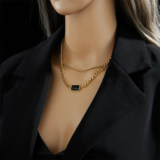 18K Gold Plated street Style Gold Plated Square Glass Layered Necklaces - Black