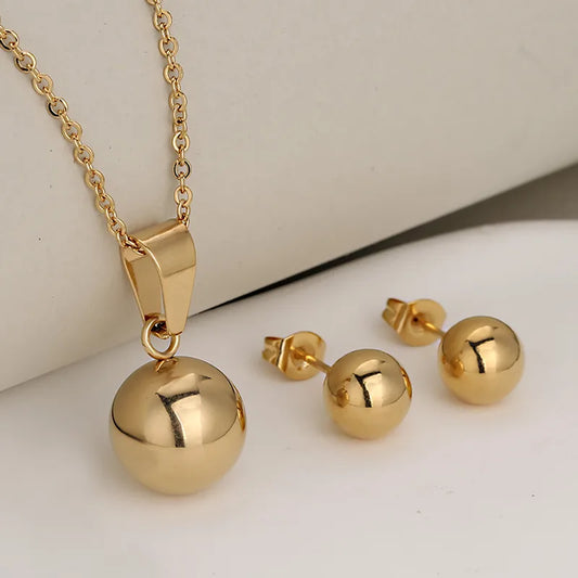 Truetarnish Round Droplet 18K Gold Plated Necklace Studs Set