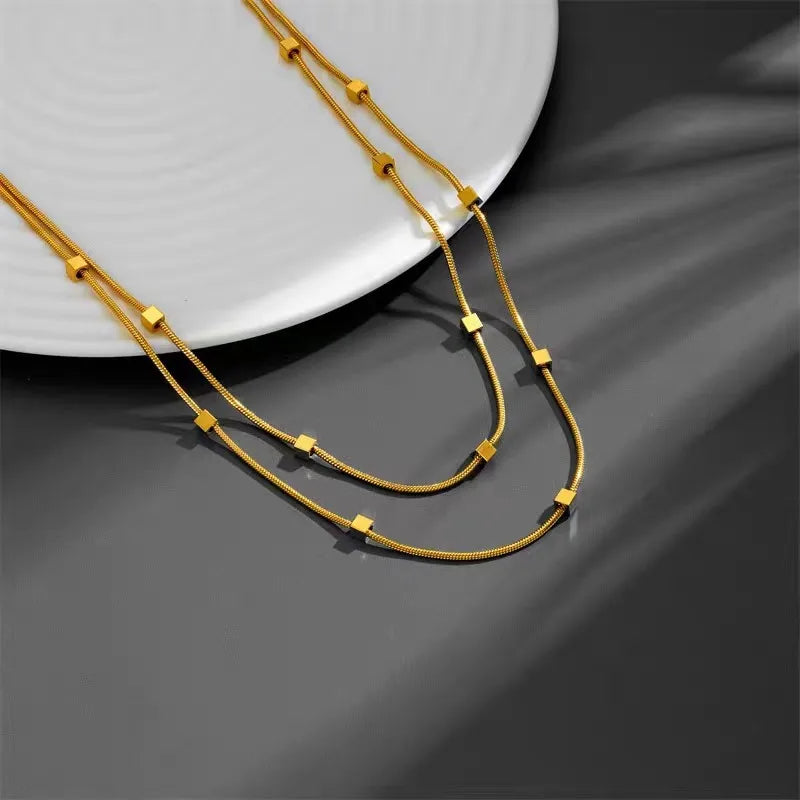 New Vintage Titanium Square Steel 18K Gold Plated Plating Inlay 2 Layer Necklace