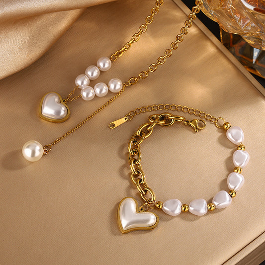 Elegant Heart Shape 304 18K Gold Plated Beaded Pearl Plating Bracelets Necklace Jewelry Set