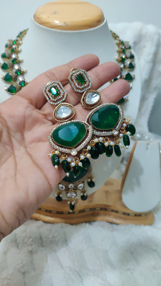Sabyasachi-inspired emerald green moissanite necklace set