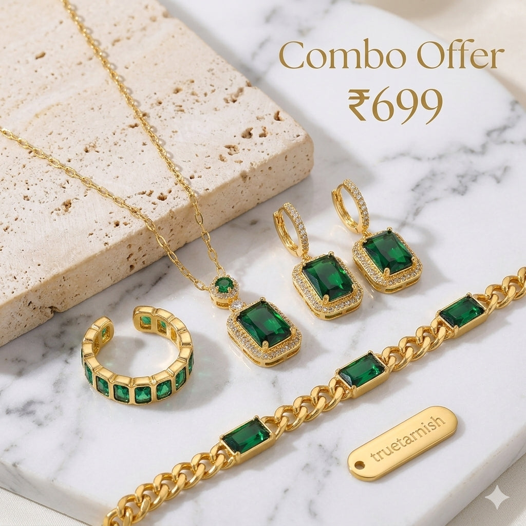 Luxury Queen Offer Combo Green Necklace set with Ring and Bracelet