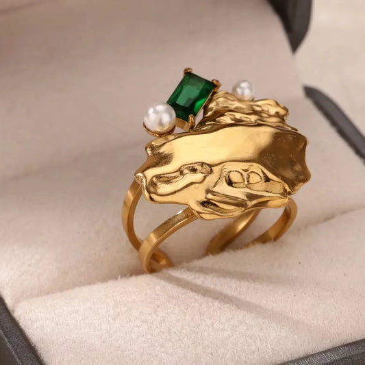Elegant Vintage French Style Flower Bow Knot 304 Stainless Steel 18K Gold Plated Rings - Green