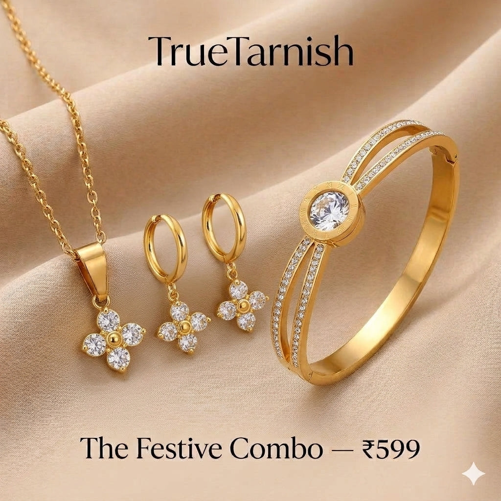 Sophisticated flower combo Necklace, Earrings and Anti tarnish Bangle with diamond