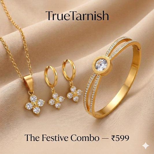 Sophisticated flower combo Necklace, Earrings and Anti tarnish Bangle with diamond