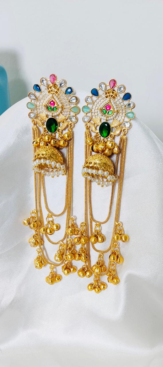 Gold plated Kashmiri earings with artificial multi color stones