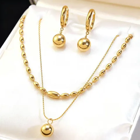 Truetarnish Round droplets  18k gold plated double layered necklace & Earring set