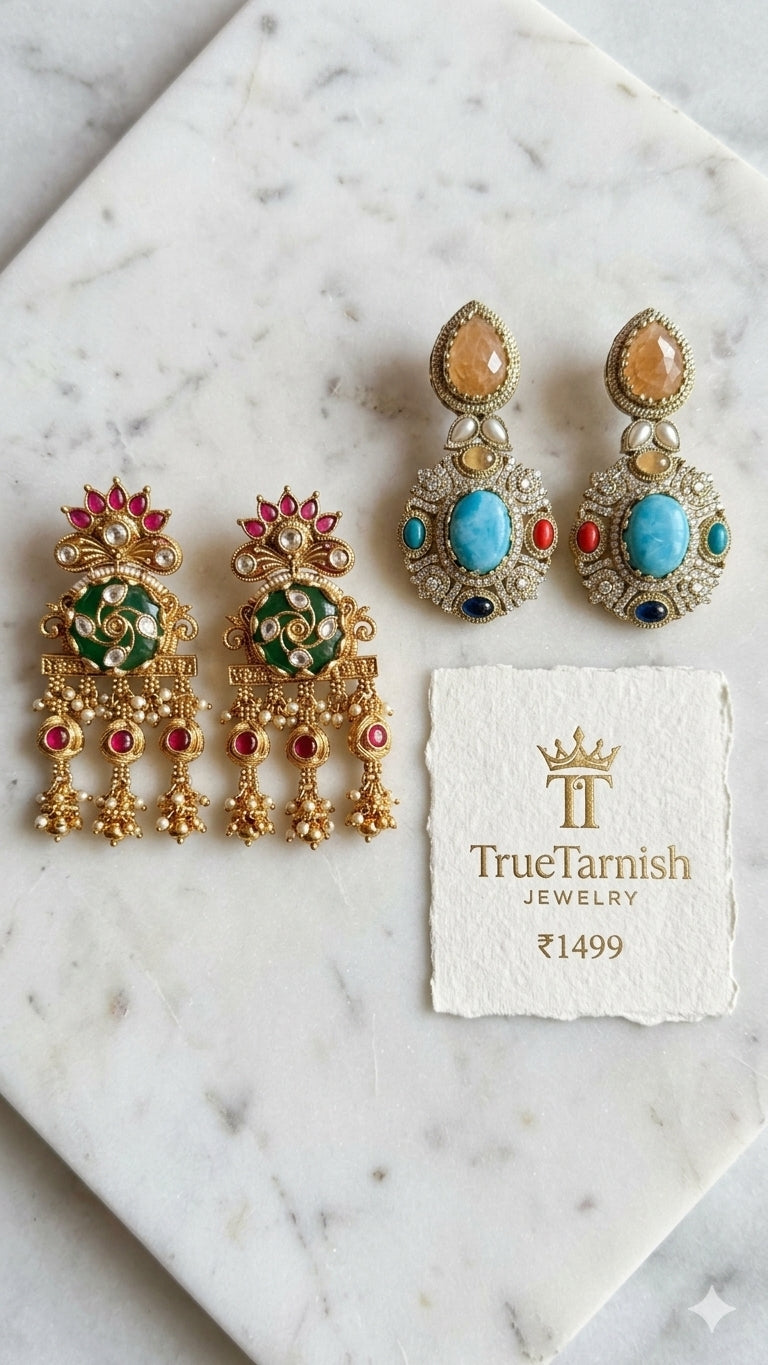 Gold plated south asian kashmiri earrings Blue and Green