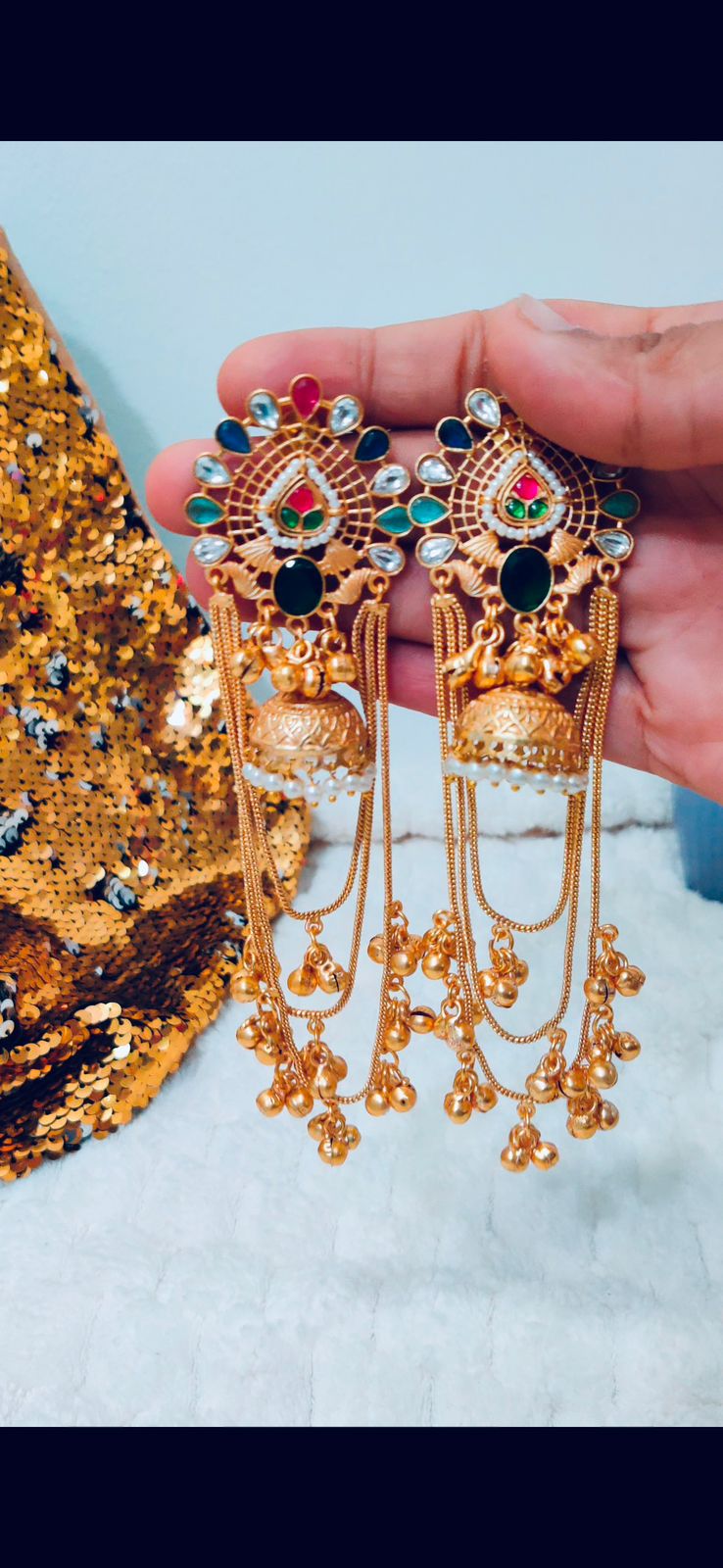 Gold plated Kashmiri earings with artificial multi color stones