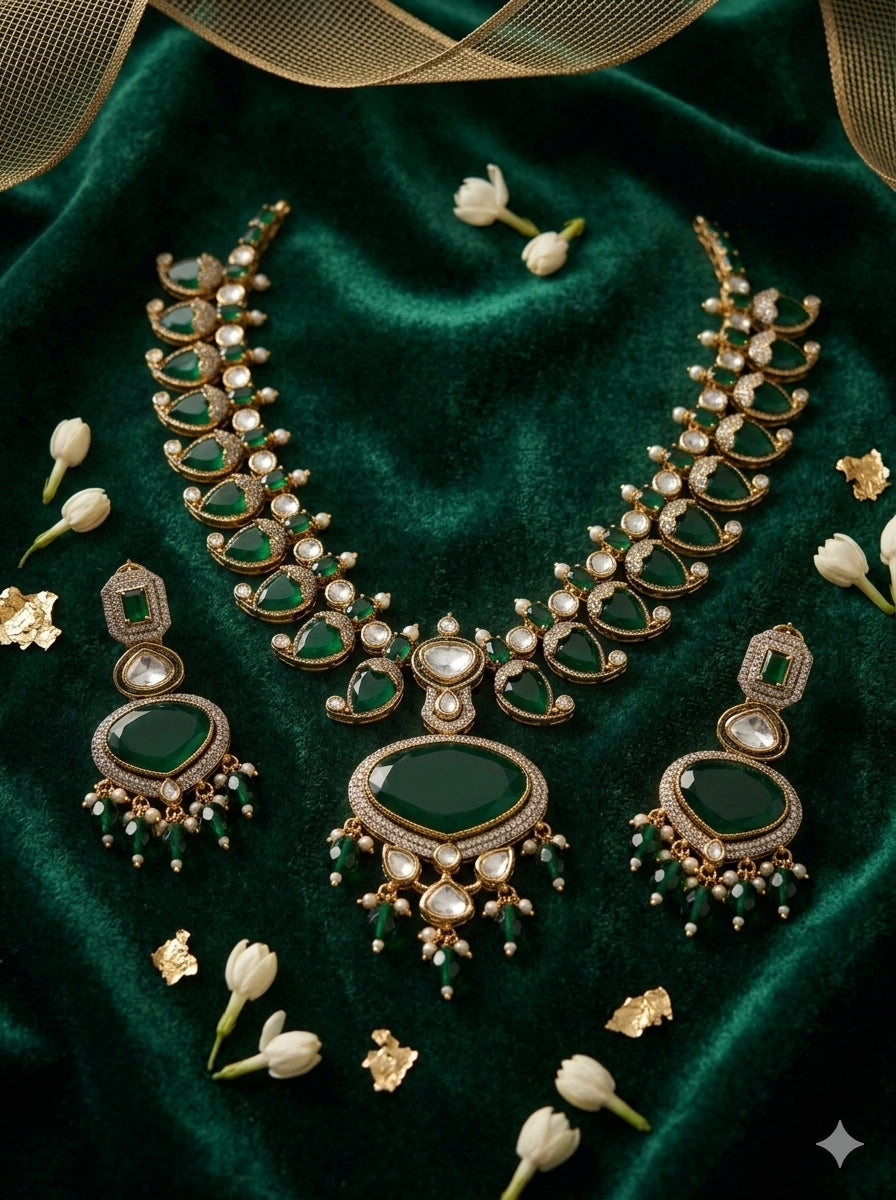 Sabyasachi-inspired emerald green moissanite necklace set