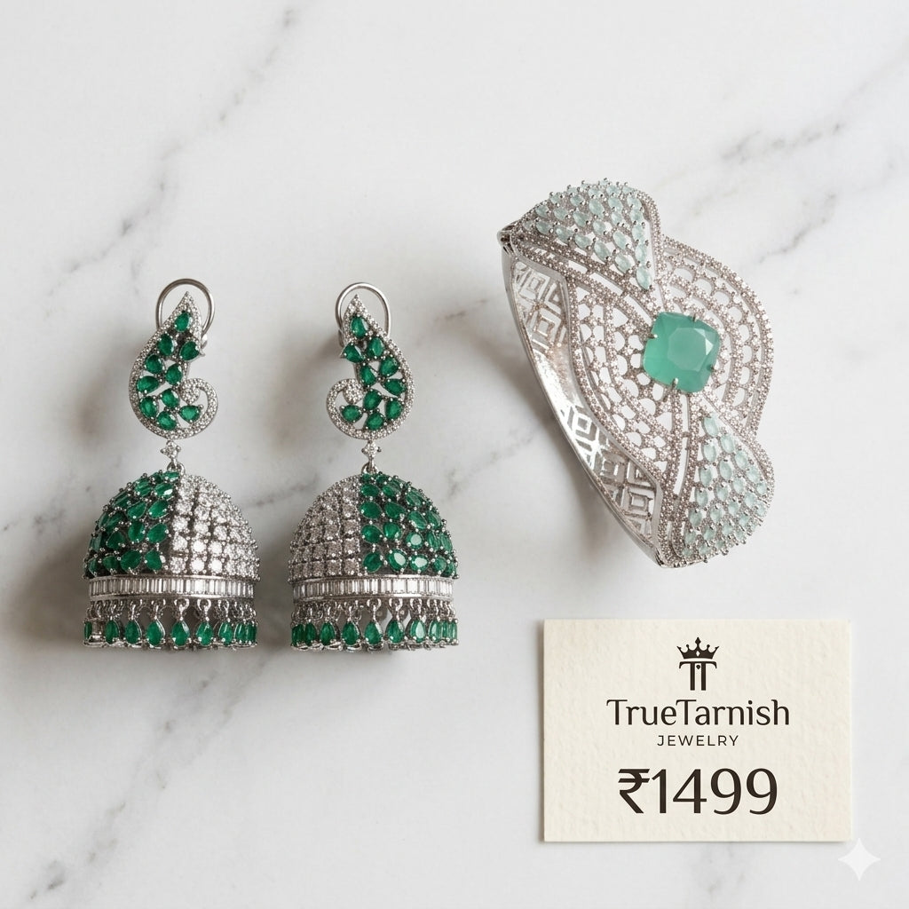 Gold plated south asian kashmiri earrings green and bracelet silver