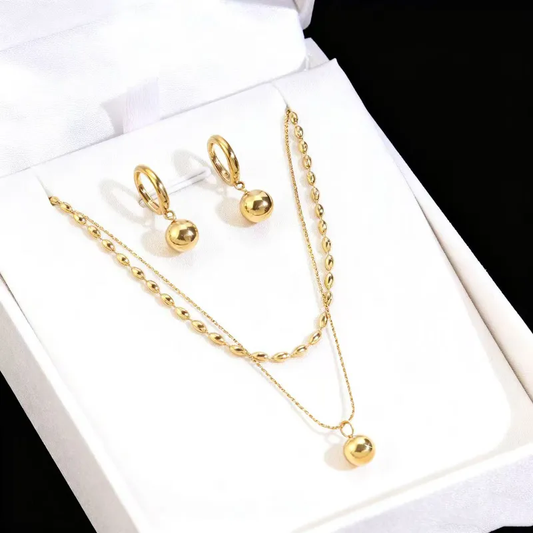 Truetarnish Round droplets  18k gold plated double layered necklace & Earring set