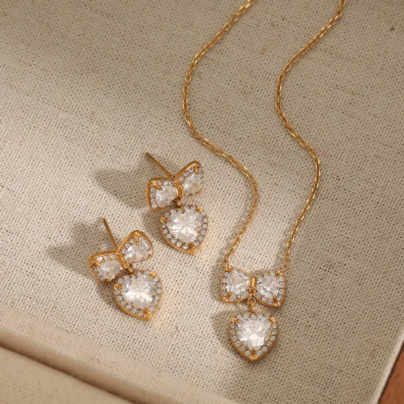 Truetarnish Premium Sweet  Heart Shape Bow Knot Gold Plated Earrings Necklace  Set