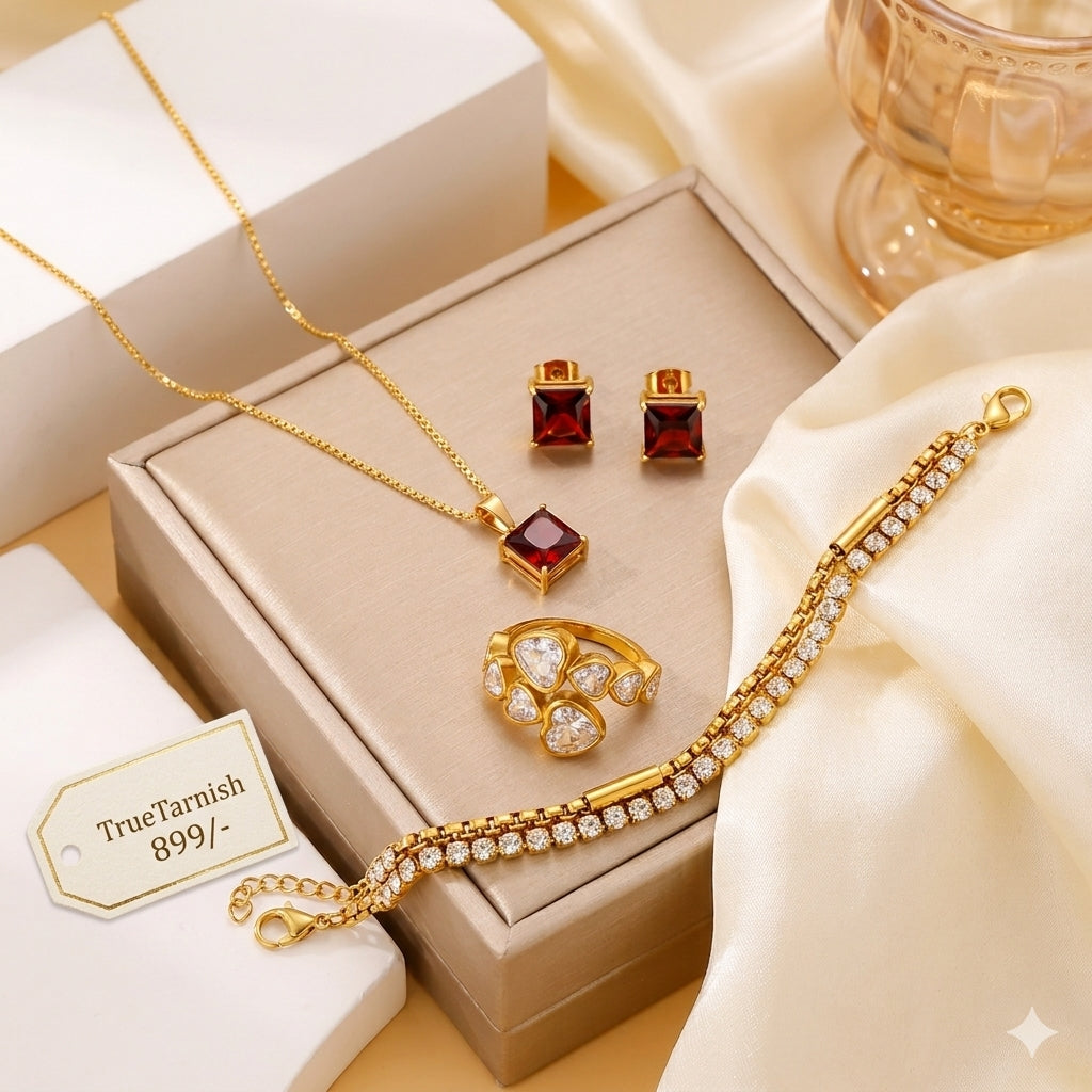 Red Lovers Necklace and Bracelet with Ring