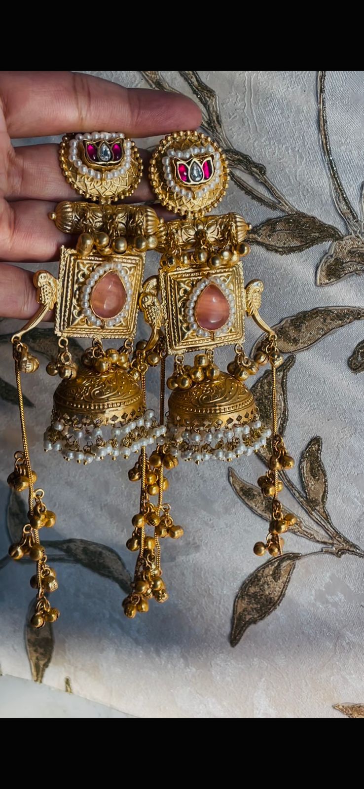 SHY Kashmiri Jhumka Golden Ghungroo with Peach stone