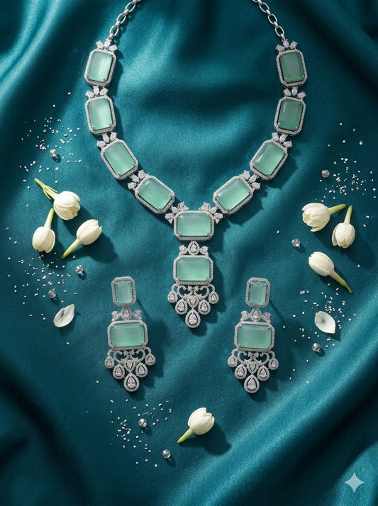 Emerald green american diamond necklace set with silver toned accent