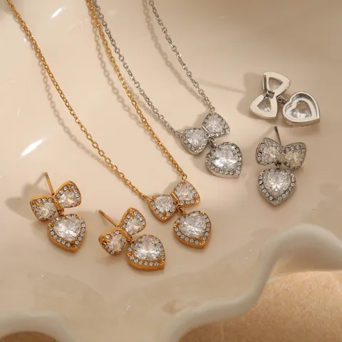 Truetarnish Premium Sweet  Heart Shape Bow Knot Gold Plated Earrings Necklace  Set