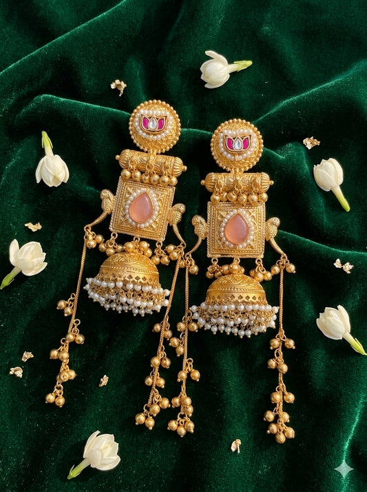 SHY Kashmiri Jhumka Golden Ghungroo with Peach stone